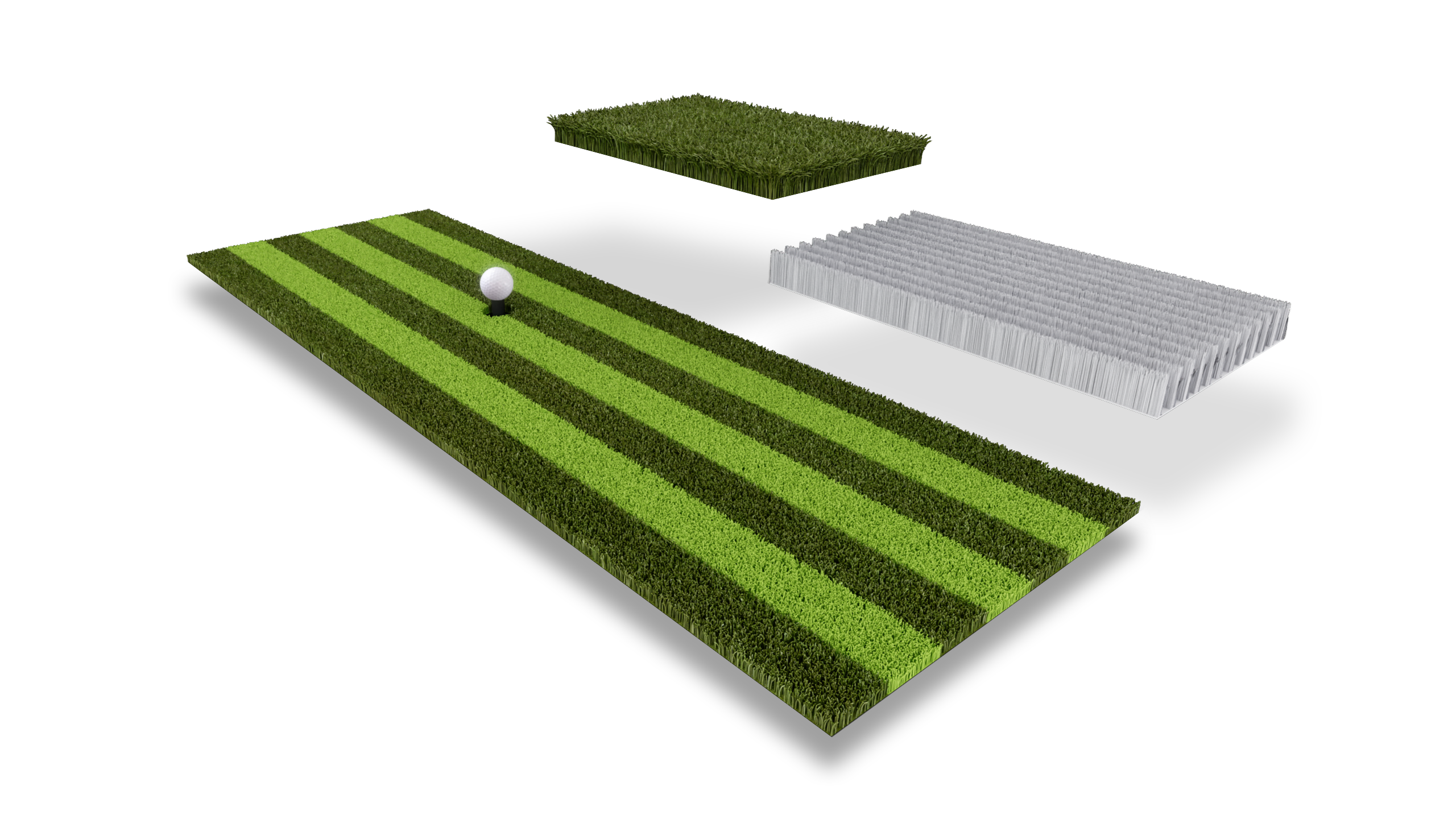 Striped hitting mat for a golf lounge at home.